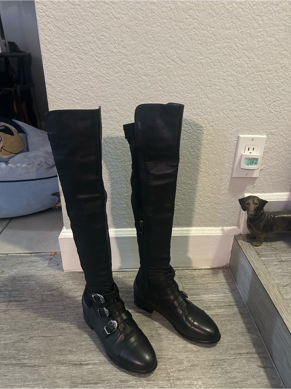 Stewart Weitzman Black Over-the-Knee Buckle Boots
